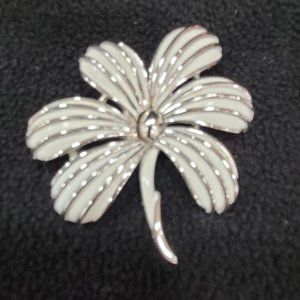 Trifari Brand White Enamel & Silver Flower Pin
